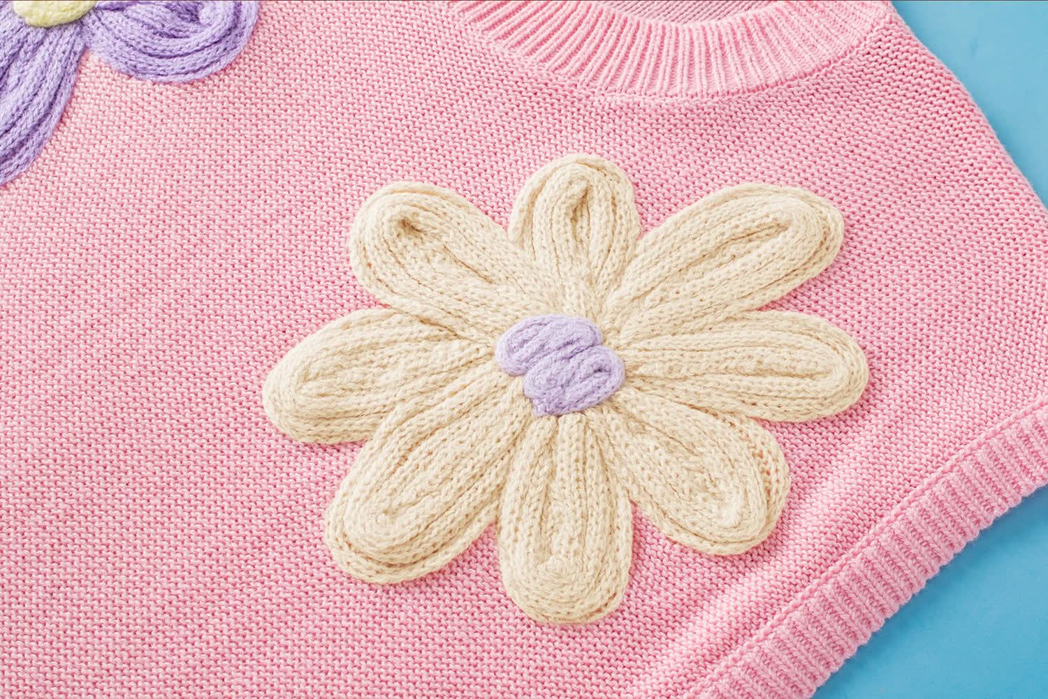 Pink Multi Crochet Flower Knit Short Sleeve Sweater Top - Love Salve